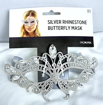 Rhinestone Butterfly Masquerade Mask Silver Metal Wedding Prom Halloween - Image 1 of 4