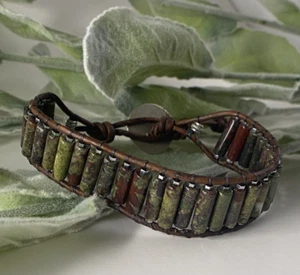 Men's Jasper Beaded Dark Brown Leather Bracelet 7-8 inch - Picture 1 of 4