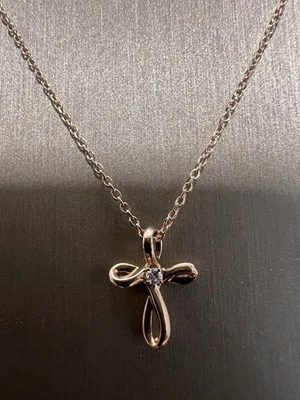 "Collar Cruz Diamante Natural Oro Rosa 14K 0,015 CTW 16-18"" ¡TOTALMENTE NUEVO! Foto 1 de 4