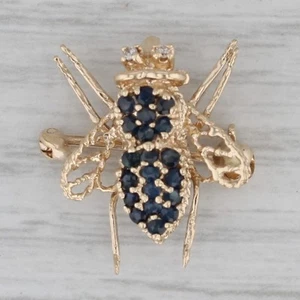 0.31ctw Blue Sapphire Diamond Bumble Bee Pin Pendant 14k Yellow Gold Brooch - Picture 1 of 6
