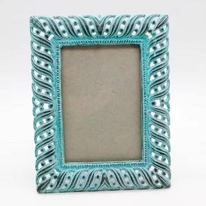 Vintage Terragraphics verzierter Metall Bilderrahmen türkis blau 3" x 5" Fotos Boho - Bild 1 von 5