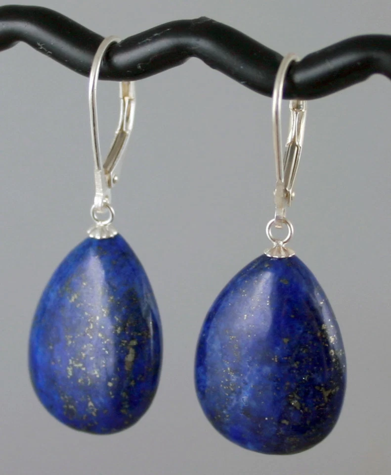 Solid Sterling Silver Natural Blue Lapis Lazuli Leverback Earrings 1.5" Long - Image 1 of 1