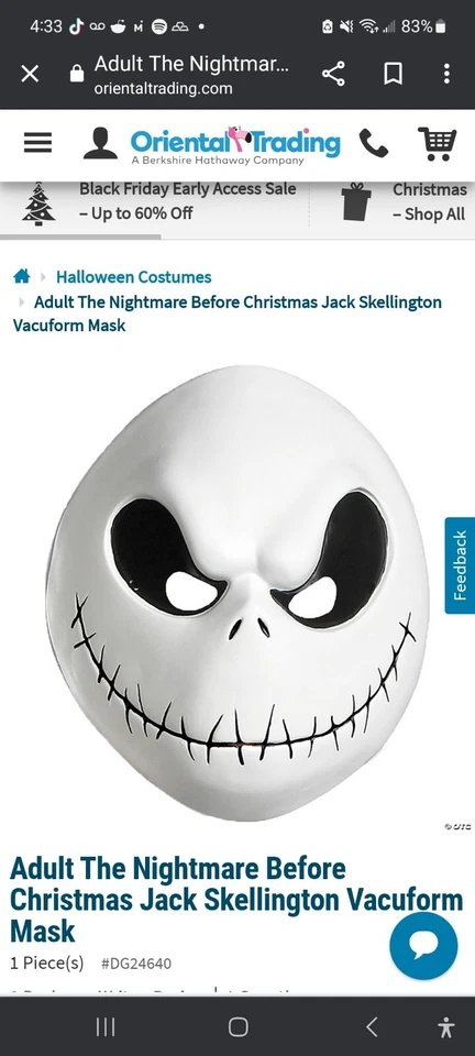 Máscara Disfraz Jack Skellington Pesadilla Antes de Navidad con Licencia Oficial Foto 1 de 1