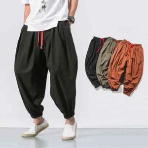 New Oversized Men Baggy Pants Loose Chinese Style Cotton and Linen Sweatpants - Picture 1 of 27