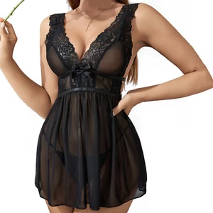 Black Women's Sexy V-neck Nightgown Lace Sheer Dress Sleepwear G-string Size-M - Picture 1 of 7