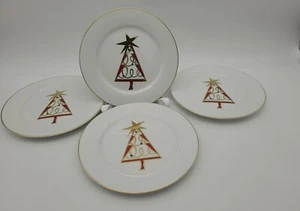Set 4 Pier 1 One Christmas Tree Porcelain Salad Dessert Plates Red Gold - Picture 1 of 7