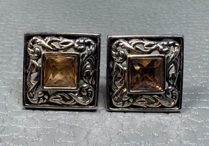 Vintage Picture Frame Amber Colored Stone Yellow Gold Plated Cuff Links by Swank - Picture 1 of 2