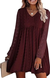KIRUNDO Womens Spring Summer Long Sleeve Mini Dress V Neck Flowy Casual, Small - Picture 1 of 7