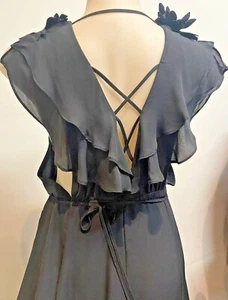 Black Dress Wrap Long Size M Frill Flower Cut out Cross on the back - Picture 1 of 12