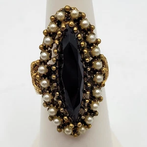 Victorian Style Adjustable Band Metal Ring Faux Pearl & Glass Vintage 1980s - Picture 1 of 23