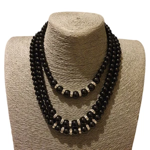 Statement Black Faux Pearl Necklace Beaded Crystal Layered Multi Strand Chunky - Picture 1 of 11