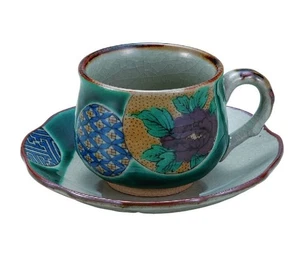 Kutani ware Porcelain Japanese Tea Coffee Cup & Saucer Set Green by Miyama Japan - Picture 1 of 3