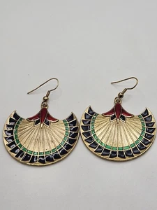 Vintage Egyptian Papyrus Lotus Flower Enamel Gold Tone Dangle Earrings - Picture 1 of 13