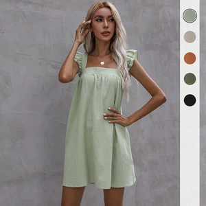 Damen Kleid Sommer Sling locker Rüschenrand einfarbig Baumwolle Hanf Kleid - Bild 1 von 17
