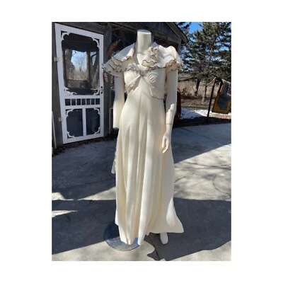 70-х слоновой кости макси платье коричневый оборки отделки V шеи крышка рукав широкий воротник широкий пояс - Изображение 1 из 4