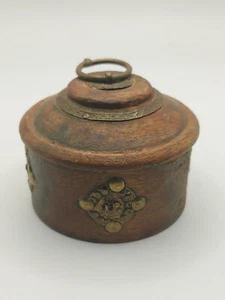 Vintage Indian Feel Wood & Brass Round Trinket Box - Picture 1 of 12