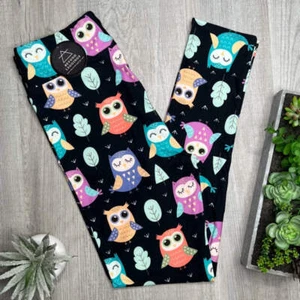 Hootie Cutie Colorful Pastel Cute Owl Print Soft Stretchy Black Leggings Kids - Picture 1 of 6