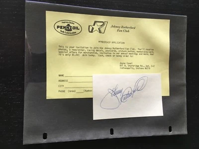 1970'S JOHNNY RUTHERFORD DRIVER HAND SIGNED FAN CLUB 3X5" INDEX W/COA 42723 - Image 1 of 2