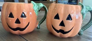 Pair Of 2 Halloween Cups Mugs Happy Pumpkin Jack O' Lantern Vine Handle 12oz - Picture 1 of 8