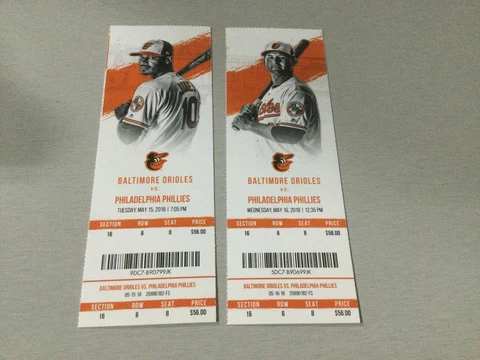 ORIOLES~2018 TICKET STUB vs PHILLIES~5/15/18-5/16/18 Cover