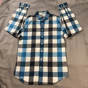 Express Dress Shirt Mens Medium 15-15.5 Blue White Gray Plaid Button Up Fitted - Picture 1 of 11