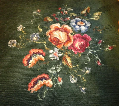 Green Handmade Floral Tapestry 17 1/2" x 17" Vintage Seat  - Image 1 of 4