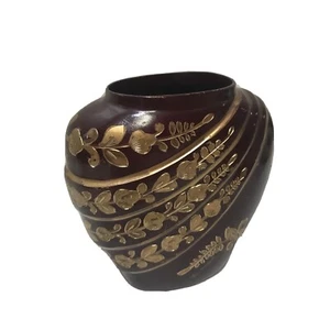 Vintage Floral Painted Brass Slim Vase Heavy 6" Tall Brown And Gold - Picture 1 of 6