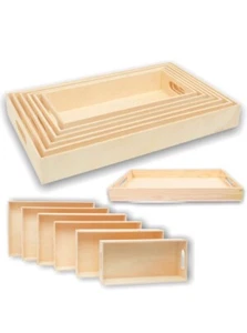 Wooden Nested Serving Trays - Set of 6 Unfinished Rectangle Trays with Handles - Picture 1 of 8