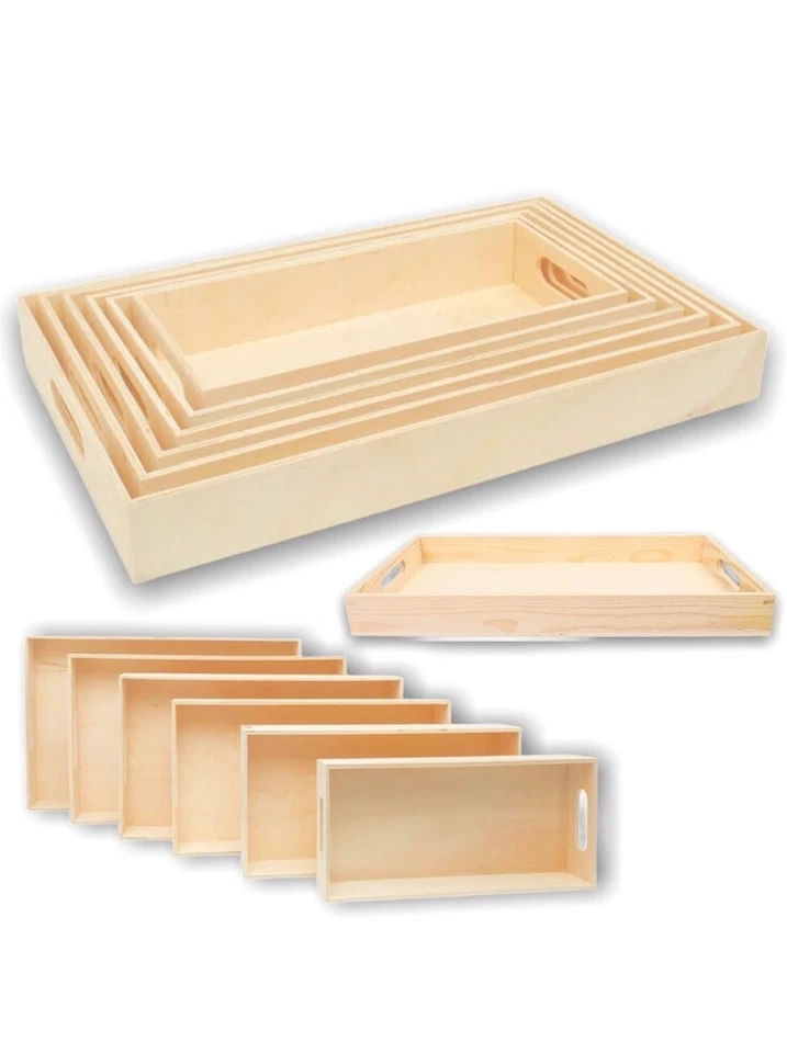 Wooden Nested Serving Trays - Set of 6 Unfinished Rectangle Trays with Handles - Image 1 of 4