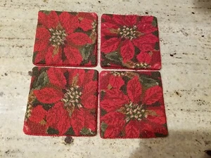 Vintage Cross Stitch Coasters Set of 4 Christmas Red Poinsettia With Trim Read - Picture 1 of 13