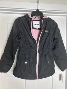 DKNY Girls Hooded Windbreaker/Jacket Sherpa Black & Pink Size Medium 10/12 - Picture 1 of 11