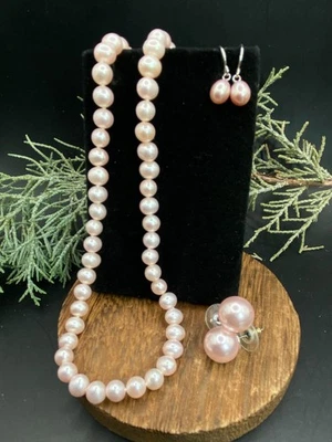 Plata de ley, collar de perlas rubor genuino, lote de 3 pendientes Foto 1 de 4