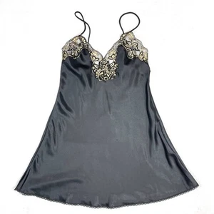 Lucie Ann II Black Satin Nightie Slip Size S Gold Lace Made USA Sleepwear VTG - Picture 1 of 18