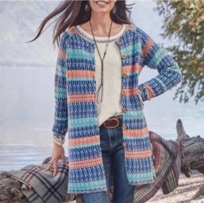 Cárdigan Largo Sundance Shoreline Azul Melocotón Rayas Talla Mediana Boho Foto 1 de 4
