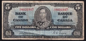 Canada 1937 $5 Five Dollar Rare Banknote Osborne - Towers A/C 8026947 - Picture 1 of 2