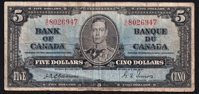 Canada 1937 $5 Five Dollar Rare Banknote Osborne - Towers A/C 8026947 - Image 1 of 2