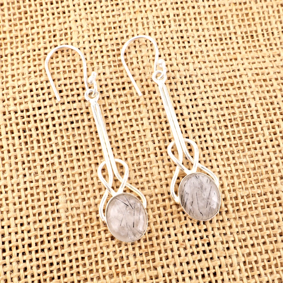 Black Rutile Quartz Gemstone 925 Sterling Silver Handmade Jewelry Earring 1.76" - Image 1 of 4
