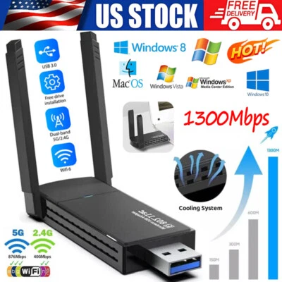 Adaptador USB 3.0 WIFI Inalámbrico 1300Mbps Largo Alcance Dongle Doble Banda 5Ghz Red Foto 1 de 4