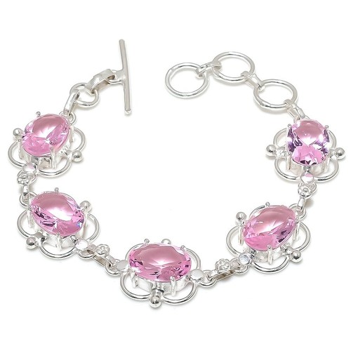 VALENTINO "Bracciale Gioielli Argento Sterling 925 Pietra Preziosa Quarzo Rosa Fatto a Mano Taglia 7 8"
