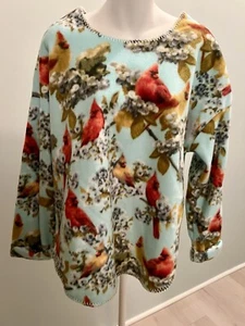 PFI Fashions Womens XL Fleece Top Sweatshirt Cardinals Birds Aqua 90s Grandma - Picture 1 of 3