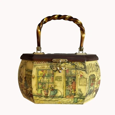 老式 Old Farm Market Decoupage 棕色木质电木手提钱包 — 第 1/4 张图片