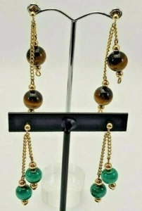 Lot of Two Pairs 14K GF And Malachite + Tiger Eye Round Bead Dangle Earrings - Picture 1 of 8