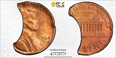 1964 D Lincoln Cent PCGS MS63RB 25% Double Curved Clip Mint Error Coin 1C - Image 1 of 4