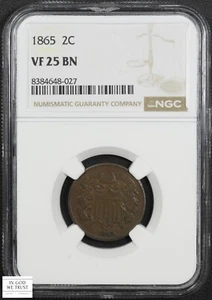 1865 Fancy 5 Copper Two Cent Piece 2C NGC VF 25 BN - Picture 1 of 5