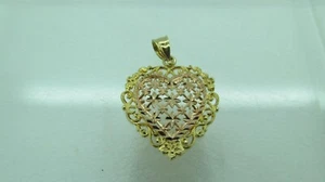 BEVERLY HILLS GOLD 14k YELLOW & ROSE GOLD, BASKETWEAVE FILIGREE HEART Pendant - Picture 1 of 11