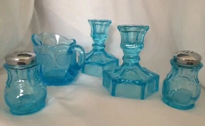 FOSTORIA BLUE LIGHTNING COIN GLASS,  CANDLE STICKS, CREAMER AND SALT PEPPER SET - Picture 1 of 11