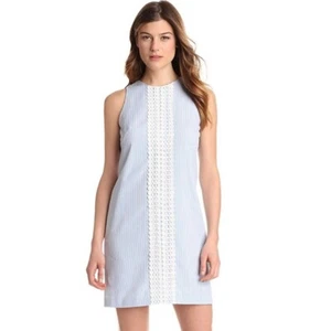 London Times Crochet Lace Panel Seersucker Stripe Shift Dress 4 - Picture 1 of 7