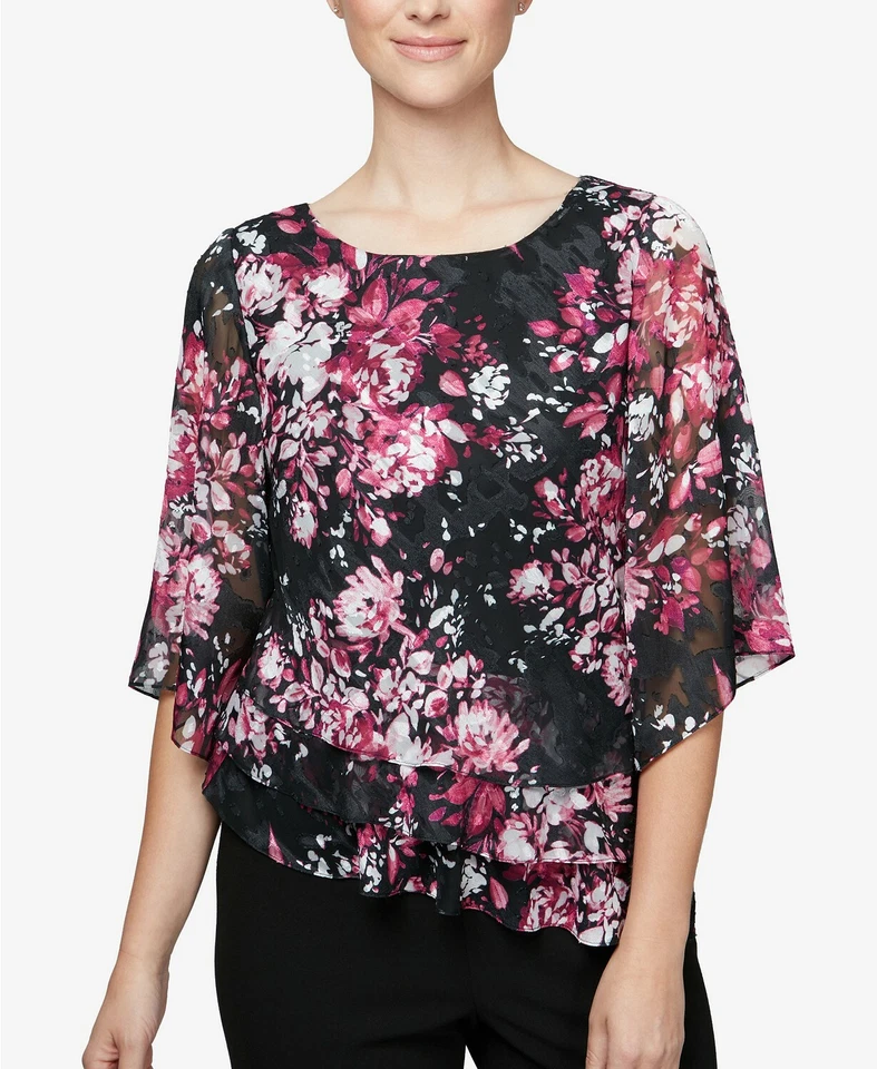 New Women's Ladie's Alex Evenings Floral-Print Tiered Top Black/Pink L - Image 1 of 2