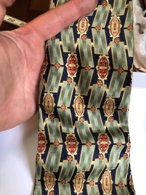 SALE Parisian Signature Mens olive green gold Geometric Silk Neck Tie W4'' L58'' - Image 1 of 4