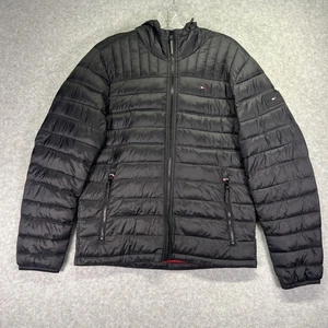 Tommy Hilfiger Jacket Mens Small Black Puffer Hooded Lightweight Warm Nylon - Picture 1 of 7